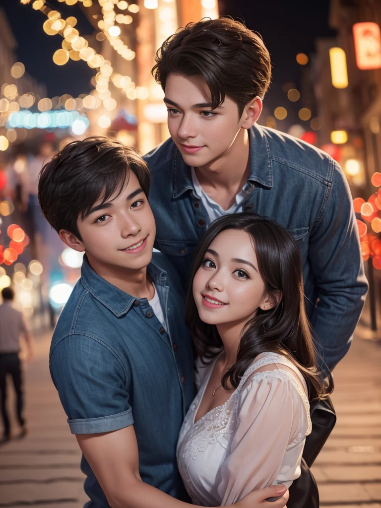 Illustrate a close up charming scene of a cute couple ((1 boy, 1 girl)) enjoying a delightful night out at an enchanting street, 16k resolution, UHD, ((background blur:1.7)) , bokeh, ((red hue:0.9)), ISO:200,