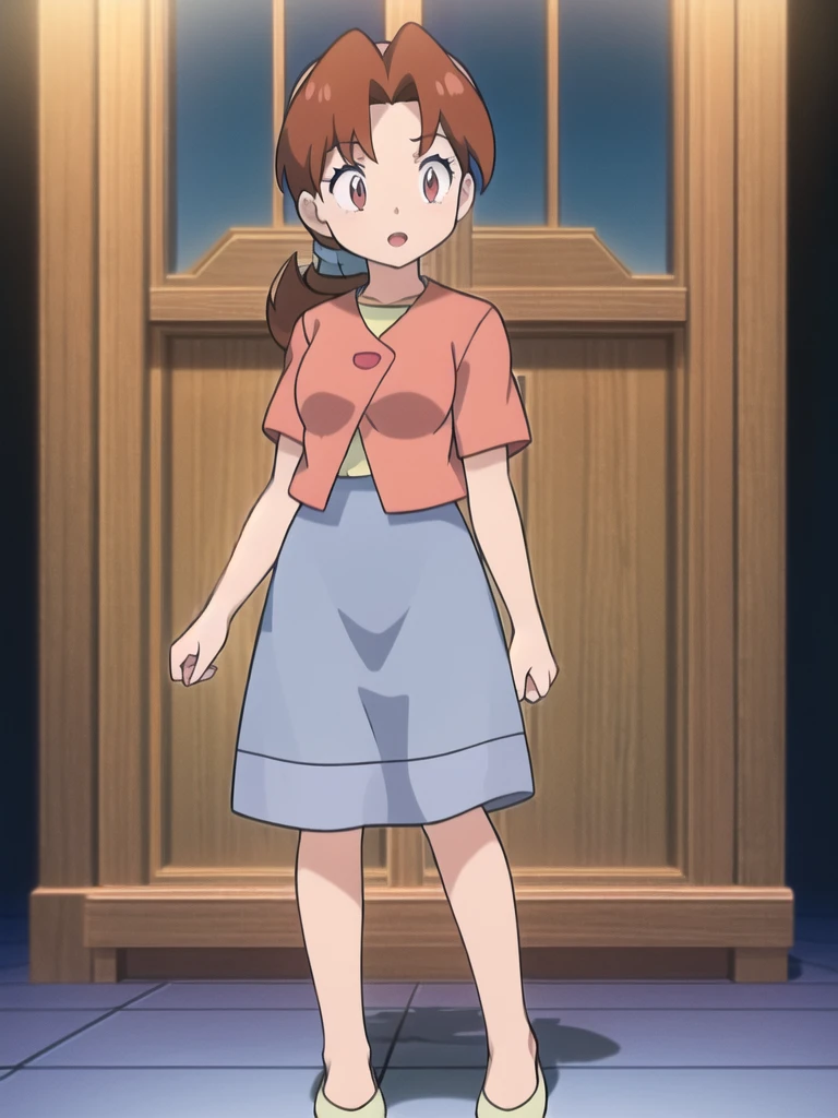 Delia_Ketchum 1girl, full body, looking at viewer, :d, open mouth, (extremely detailed CG unity 8k wallpaper), (masterpiece), (best quality), (ultra-detailed), (best illustration), (best shadow), (absurdres), finely detail, skirt, shirt, blue skirt, long skirt, pink shirt, slippers,