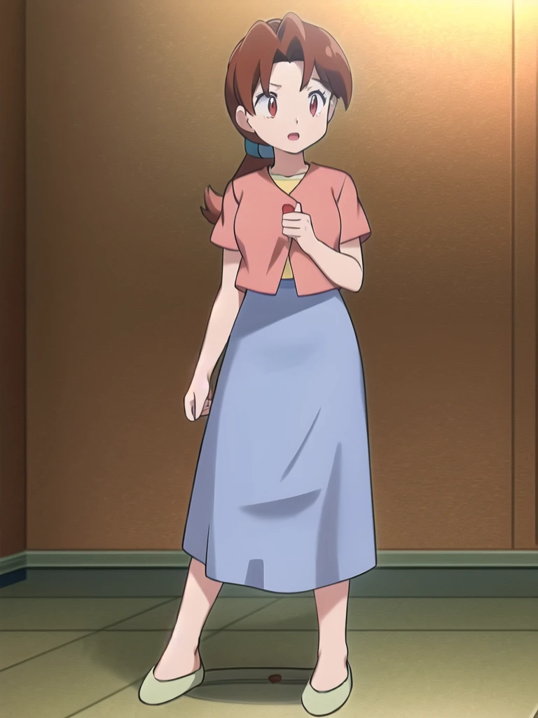 Delia_Ketchum 1girl, full body, looking at viewer, :d, open mouth, (extremely detailed CG unity 8k wallpaper), (masterpiece), (best quality), (ultra-detailed), (best illustration), (best shadow), (absurdres), finely detail, skirt, shirt, blue skirt, long skirt, pink shirt, slippers,