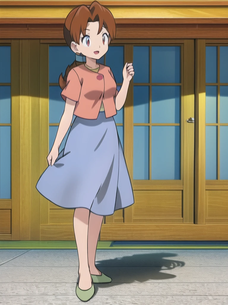 Delia_Ketchum 1girl, full body, looking at viewer, :d, open mouth, (extremely detailed CG unity 8k wallpaper), (masterpiece), (best quality), (ultra-detailed), (best illustration), (best shadow), (absurdres), finely detail, skirt, shirt, blue skirt, long skirt, pink shirt, slippers,