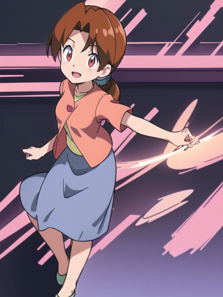 Delia_Ketchum 1girl, full body, looking at viewer, :d, open mouth, (extremely detailed CG unity 8k wallpaper), (masterpiece), (best quality), (ultra-detailed), (best illustration), (best shadow), (absurdres), finely detail, skirt, shirt, blue skirt, long skirt, pink shirt, slippers,