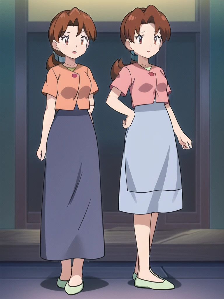 Delia_Ketchum 1girl, full body, looking at viewer, :d, open mouth, (extremely detailed CG unity 8k wallpaper), (masterpiece), (best quality), (ultra-detailed), (best illustration), (best shadow), (absurdres), finely detail, skirt, shirt, blue skirt, long skirt, pink shirt, slippers,