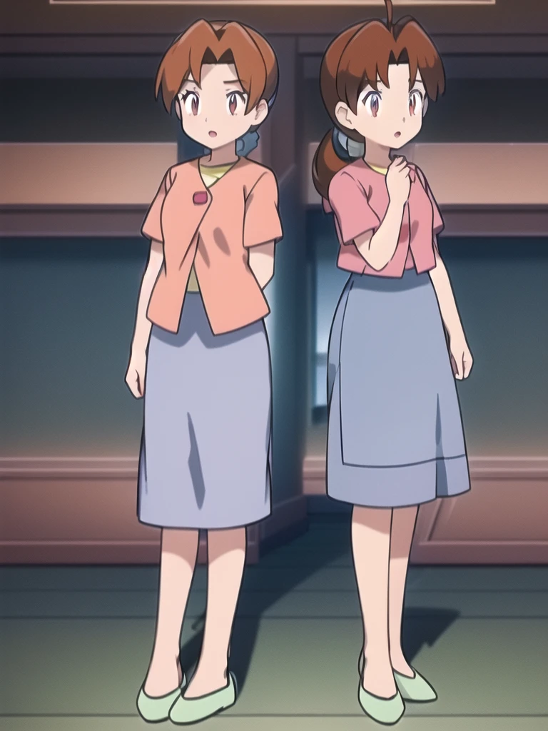 Delia_Ketchum 1girl, full body, looking at viewer, :d, open mouth, (extremely detailed CG unity 8k wallpaper), (masterpiece), (best quality), (ultra-detailed), (best illustration), (best shadow), (absurdres), finely detail, skirt, shirt, blue skirt, long skirt, pink shirt, slippers,