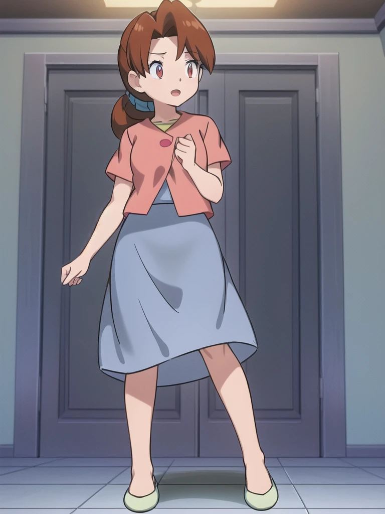Delia_Ketchum 1girl, full body, looking at viewer, :d, open mouth, (extremely detailed CG unity 8k wallpaper), (masterpiece), (best quality), (ultra-detailed), (best illustration), (best shadow), (absurdres), finely detail, skirt, shirt, blue skirt, long skirt, pink shirt, slippers,