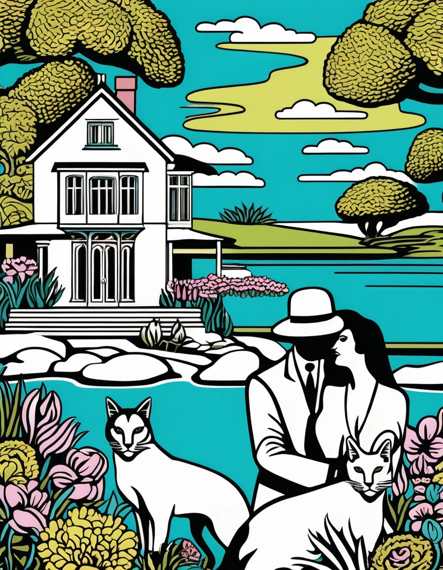 coastal lovers with cats around in front of a lake with a house