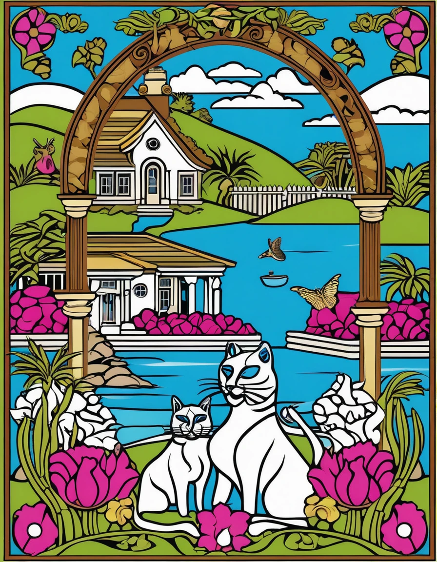 coastal lovers with cats around in front of a lake with a house