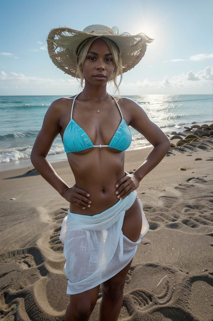 "Creates an image of a dark-skinned blonde woman with a low bun, posing on an exotic beach. She is wearing a white swimsuit and a turquoise sarong, standing in the sand with the ocean in the background. She poses with one hand on hip and the other holding a straw hat, looking toward the horizon."