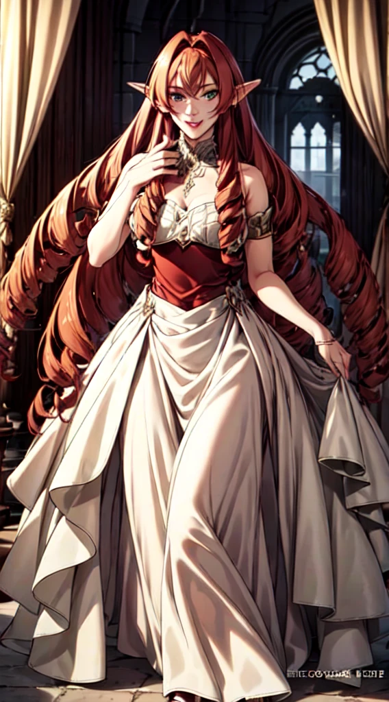 sexy, (seductivesmile:1.1), spellcasting, mysteriousatmosphere, (fantasy:1.4), florest scenery, (edgfd ballgown:1.5), (fantasy dress:1.1), (long dress:1.1), (ballgown with a lot of roses:1.1), hearts, flowers,, (masterpiece, high quality, best quality:1.3), extremely detailed, extremely intricate, realistic, hyperrealistic, fine texture, Extremely high-resolution details, 25 year old young, (elf, pointy ears:1.12), (reddish hair:1.3), almond eyes, (green eyes), [long hair], [curly hair], (eye shadow:1.1), 162cm tall, oval face, snub nose, heart-shaped lips, (arched eyebrows), (skinny:1.1)