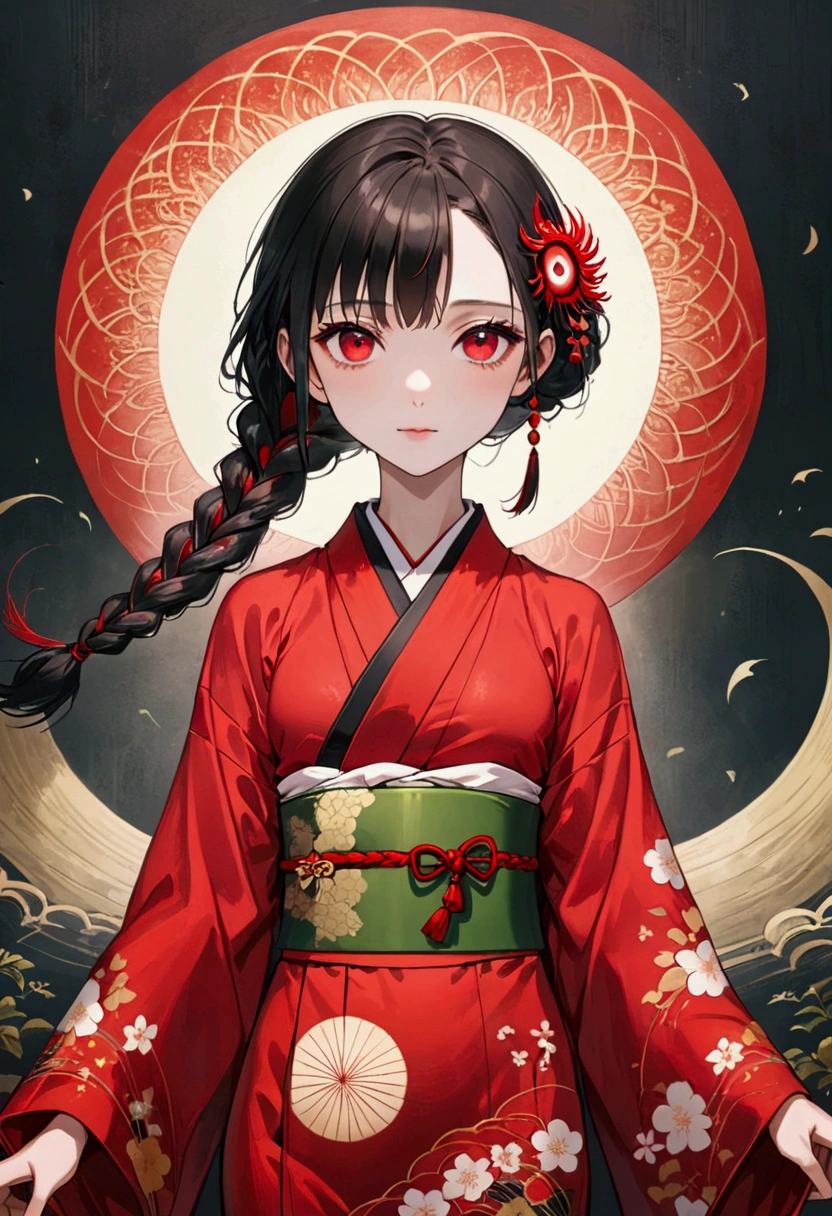 (((1 Girl，Double braid，solo，third red eye on the forehead，))),(((Gorgeous Japanese red kimono：1.6，Eye Diagram，dark pattern))).(((Thin waist，Greenbelt：1.37)))whole body