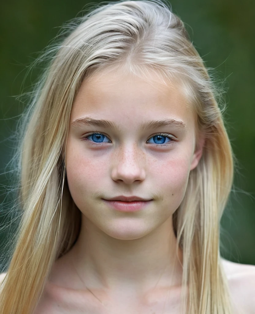 photograph of a beautiful Norwegian teenager, , small breasts, soft smile, Natural Lips, long blonde hair with shaved sides , gray blue eyes, realism, digital paint, conceptual art, seeds, sharp focus, rule of thirds, 35 millimeters, ((whole body)) naked