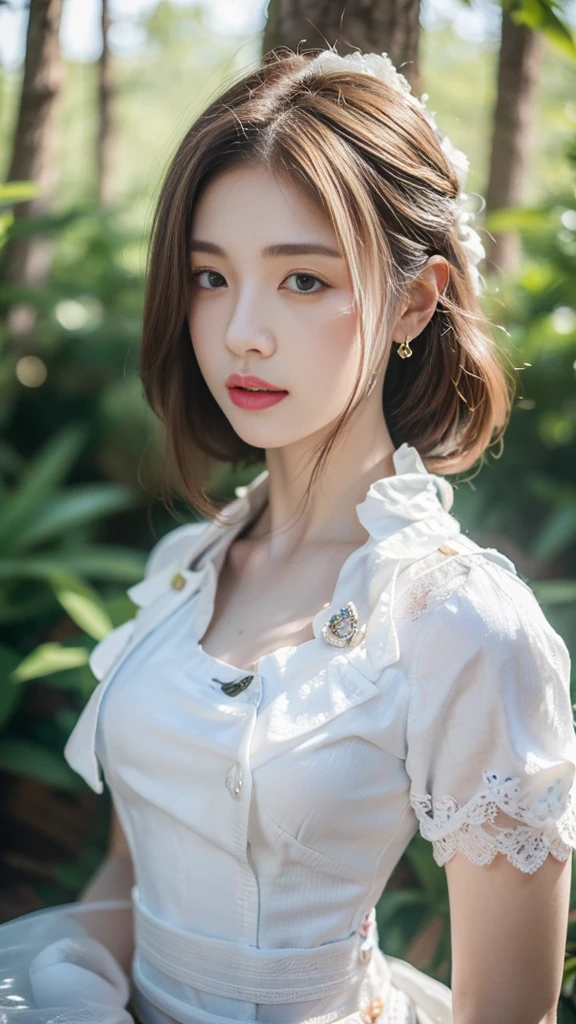 ((best quality, 8K, masterpiece :1.3)),(realistic, lifelike:1.4), original photo, High resolution, Beautiful woman with perfect body :1.4, ( (medium bust:2.0)),White lace panties,in the forest,full body photo,wearing gloves
