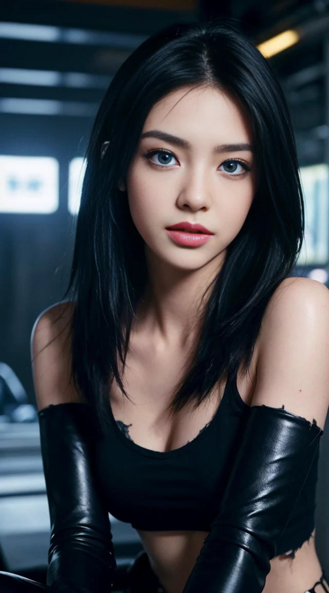 8K, Top Quality, Intricate Details, Ultra Detail, Ultra High Resolution, Masterpiece, , Slender, Smile, (Makeup: 0.4), (Fluffy Blue Eyes: 1.21), blue Eyes,, ((full body)), 1girl, solo, 1 girl, (( full body)), close-up shot, standing , , ((tall)), (((fit body))), (((slim face))), sharp face, sharp eyes, ((( black hair, long hair ))), (detailed face), sharp face, small lips, thin lips,
(( Concise tight rider suit: 1.3) )), detailed face, detailed breast, , large breast, detail, , Beautiful girl with accentuated slender abs: 1.4, Six Pack Abs: 1.4, Bust Botox, Big, Perfect Body, detail leg, ), cyberpunk background,