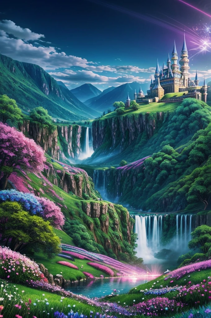magical landscape with rolling hills, vibrant flowers, and sparkling waterfalls. In the distance, a grand castle stands amidst the clouds. (This could be the magician's true realm or an illusion he creates)
Alternative: A close-up of the magician's hands casting a spell with swirling lights and magical symbols.