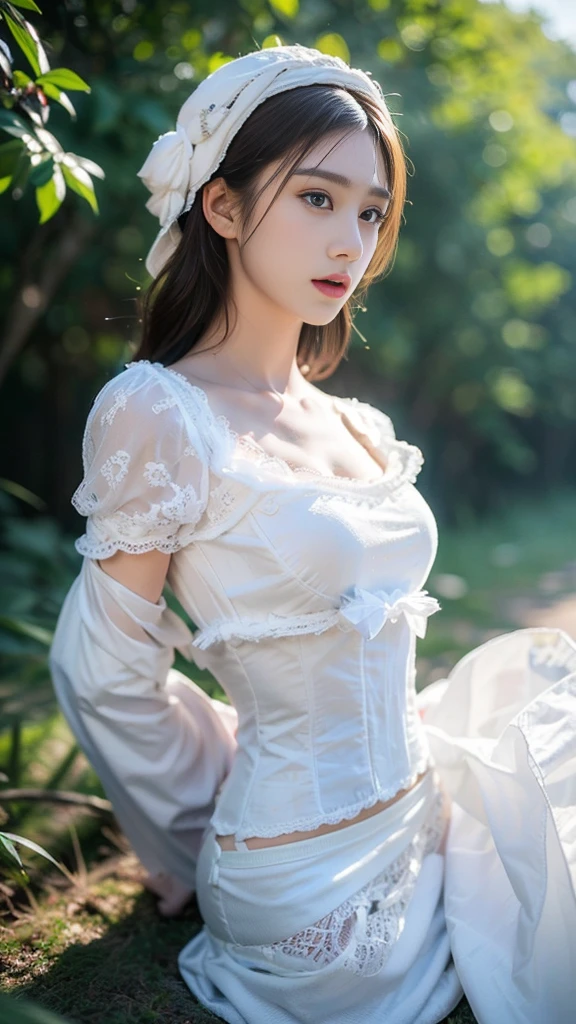 ((best quality, 8K, masterpiece :1.3)),(realistic, lifelike:1.4), original photo, High resolution, Beautiful woman with perfect body :1.4, ( (medium bust:2.0)),White lace panties,in the forest,full body photo,wearing gloves