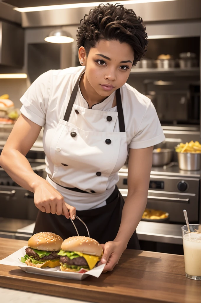 Mulatto chef with short hair making hamburgers at the Mk burger restaurant