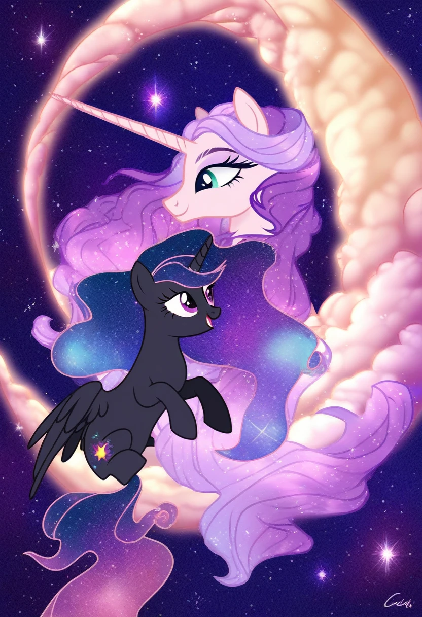 score_9, (unicorn pony, black fur, pony galaxy,hair long galaxy purple and dark blue,stars hair,eyes purple,cauda long galaxy,background galaxy,big wings 