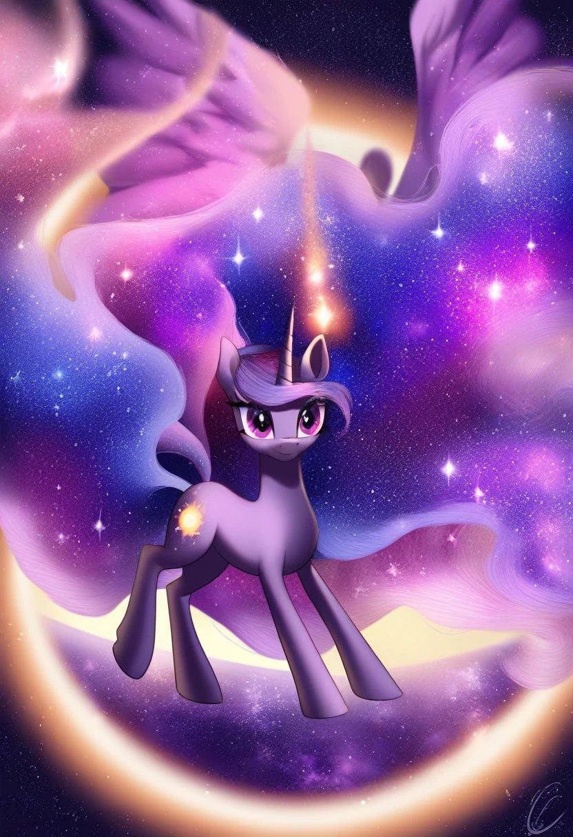 score_9, (unicorn pony, black fur, pony galaxy,hair long galaxy purple and dark blue,stars hair,eyes purple,cauda long galaxy,background galaxy,big wings
