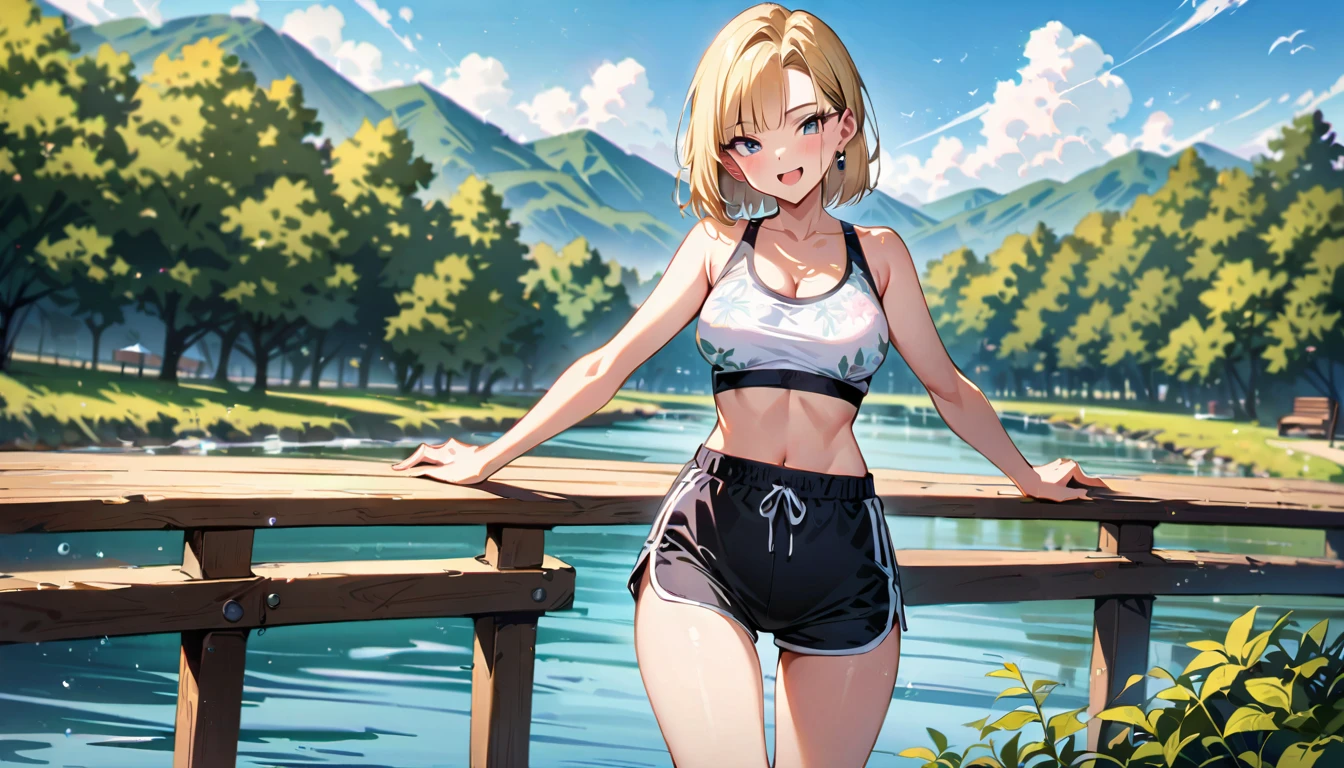 (masterpiece, best quality:1.2),1girl, (solo), Android 18 from Dragon Ball, ((floral print white sport bra, light gray dolphin shorts)), medium breasts, blunt bangs, blonde short hair, black eyes, earrings on earlobes, slim, slender feminine figure, skinny body, blush, magnificent view, blur background, 8K, collarbone, riverside, sky, sunny, thigh gap, park, smile, open mouth,