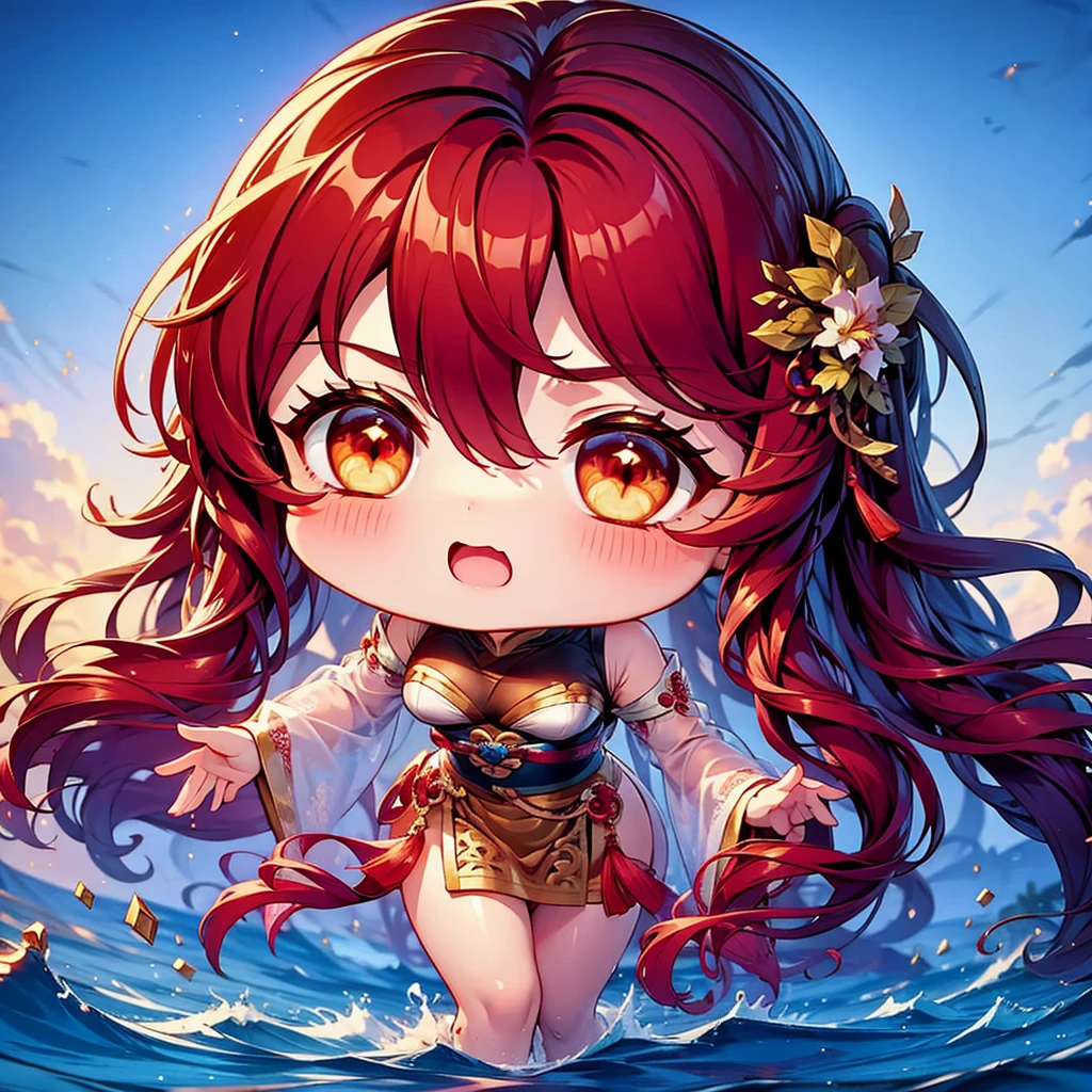 Chibi character pixel art, ((xian mei)), 1 girl, long red hair, standing, Chibi style, shapely breasts, high quality pixel art, Gege Akutami, photography, beautiful, colorful, realistic, masterpieces, top quality, best quality, official art, beautiful and aesthetic, hanfu, perfect anatomy, mini solo chibi, angry
