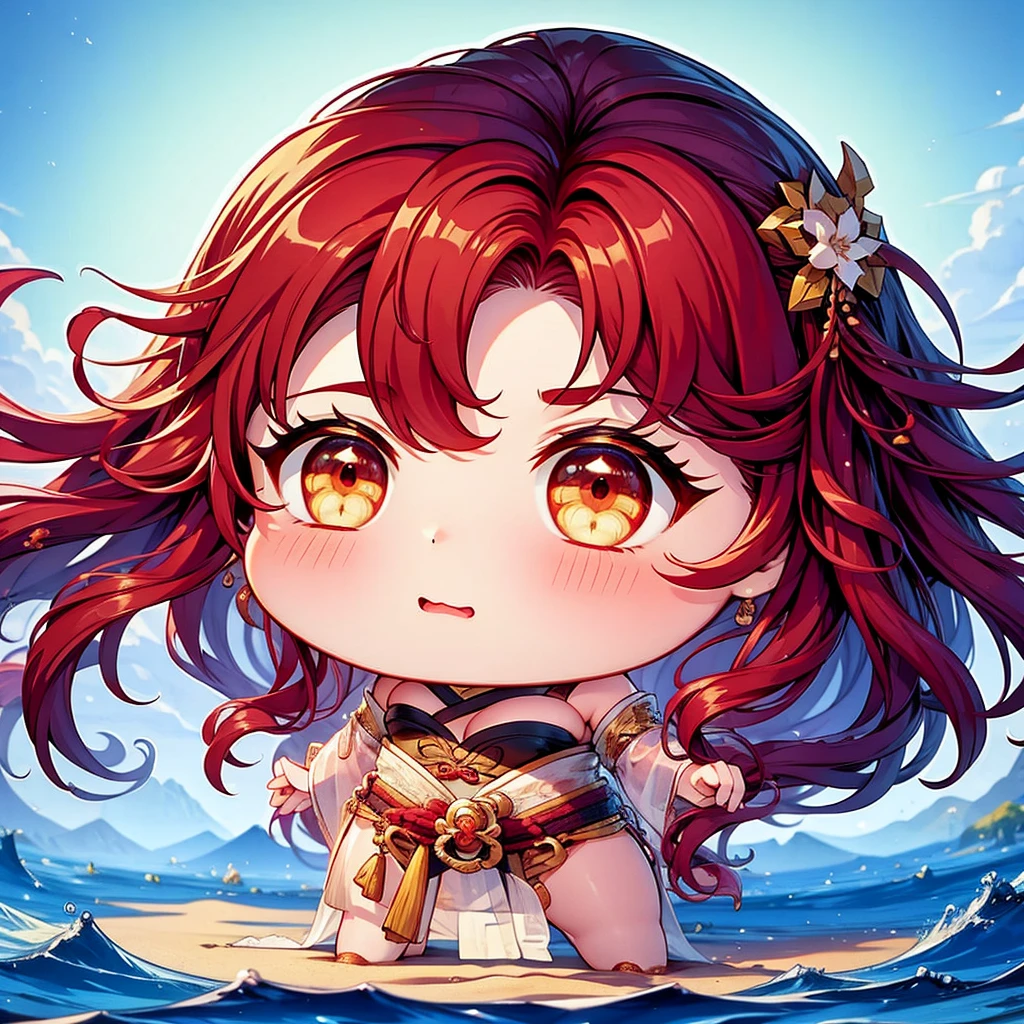 Chibi character pixel art, ((xian mei)), 1 girl, long red hair, standing, Chibi style, shapely breasts, high quality pixel art, Gege Akutami, photography, beautiful, colorful, realistic, masterpieces, top quality, best quality, official art, beautiful and aesthetic, hanfu, perfect anatomy, mini solo chibi, angry