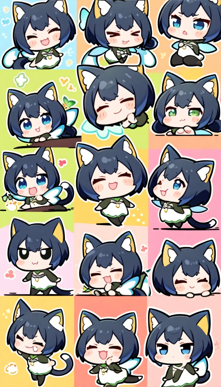 a close up of a cartoon character with different poses, fairy girl, morgana, default pose neutral expression, shady, green fairy, smol, multiple poses, cute chibi, kawaii, happy, yes, smirking, cocky 