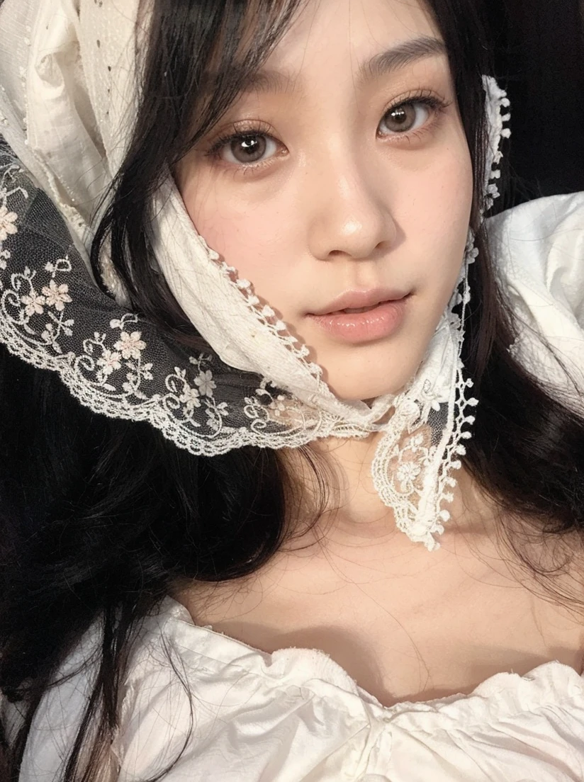 a beautiful chinese douyin, feminine, soft girl with white skin, has a black long wavy hair and bangs, and slim and small face, while wearing all pink 