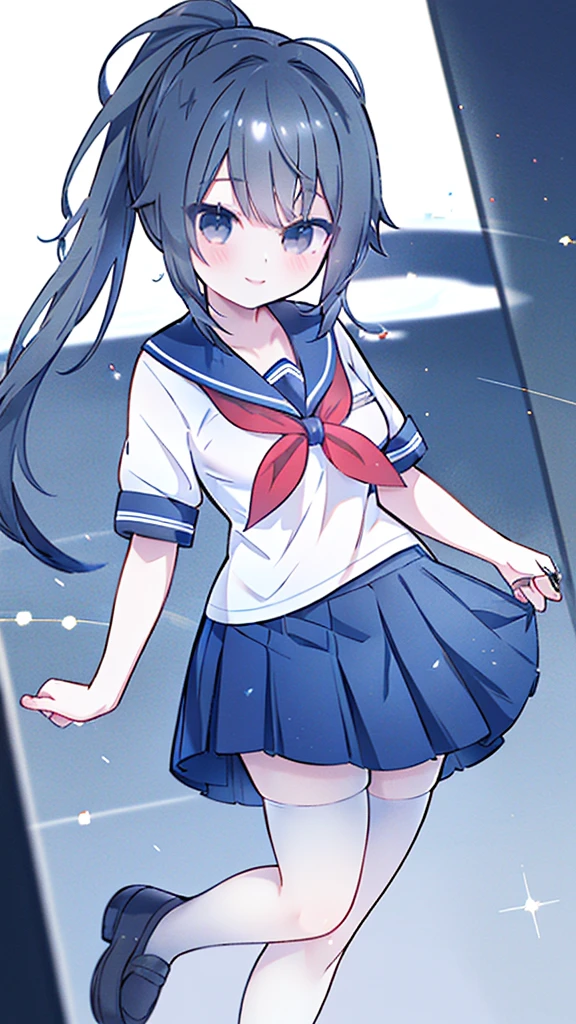 masterpiece, best quality, mature female, solo, 1girl, ayano, black_hair,  grey_eyes,  ponytail, school_uniform, thighhighs, looking at viewer, delicate, light smile,  serafuku, blue sailor collar, white sailor shirt, red neckerchief, short sleeves, blue pleated skirt, black shoes,  delicate, ethereal, beautiful, skirt,short sleeves,looking at viewer, high-definition,masterpiece,best quality, masterpiece, best quality, high resolution, aabeta, double, standing, slim waist, cute, sailor uniform (PastelColors: 1.3)