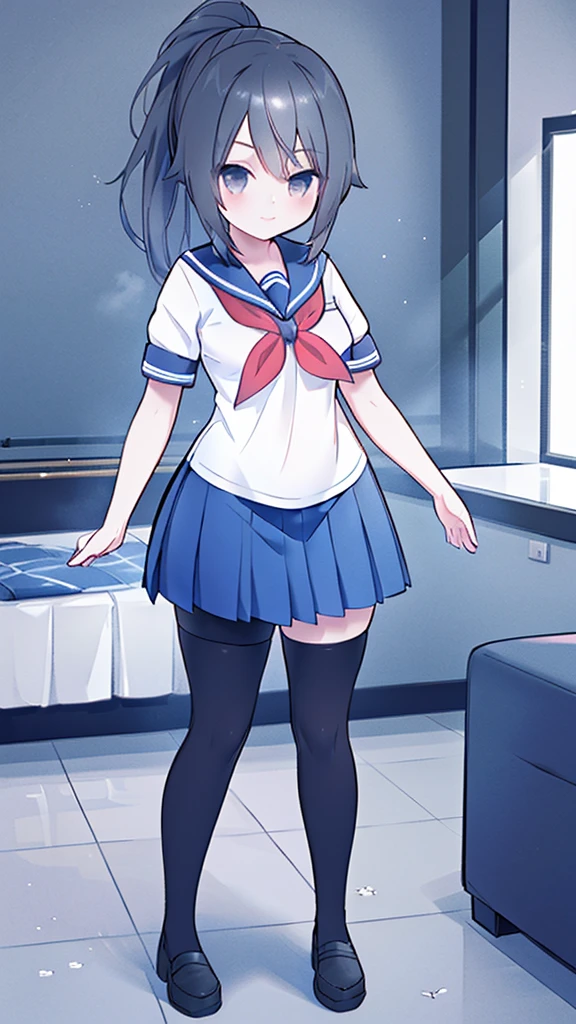 masterpiece, best quality, mature female, solo, 1girl, ayano, black_hair,  grey_eyes,  ponytail, school_uniform, thighhighs, looking at viewer, delicate, light smile,  serafuku, blue sailor collar, white sailor shirt, red neckerchief, short sleeves, blue pleated skirt, black shoes,  delicate, ethereal, beautiful, skirt,short sleeves,looking at viewer, high-definition,masterpiece,best quality, masterpiece, best quality, high resolution, aabeta, double, standing, slim waist, cute, sailor uniform (PastelColors: 1.3)