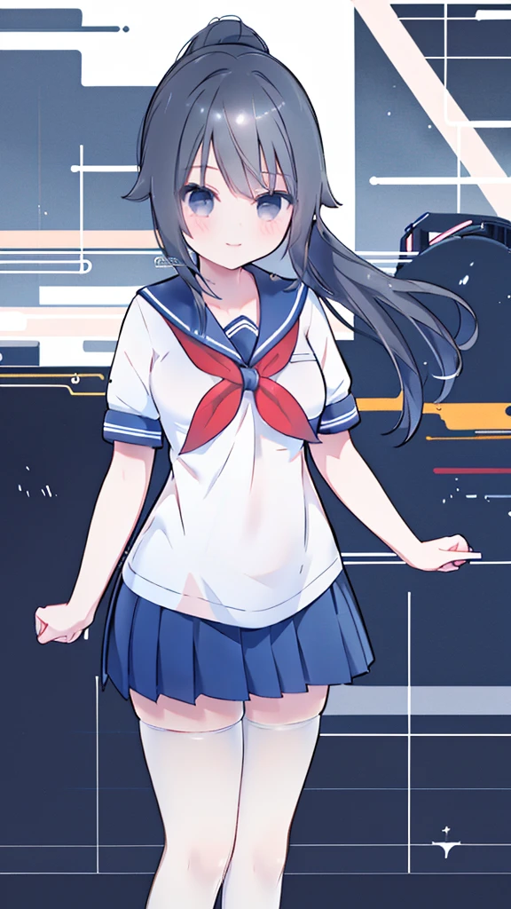 masterpiece, best quality, mature female, solo, 1girl, ayano, black_hair,  grey_eyes,  ponytail, school_uniform, thighhighs, looking at viewer, delicate, light smile,  serafuku, blue sailor collar, white sailor shirt, red neckerchief, short sleeves, blue pleated skirt, black shoes,  delicate, ethereal, beautiful, skirt,short sleeves,looking at viewer, high-definition,masterpiece,best quality, masterpiece, best quality, high resolution, aabeta, double, standing, slim waist, cute, sailor uniform (PastelColors: 1.3)