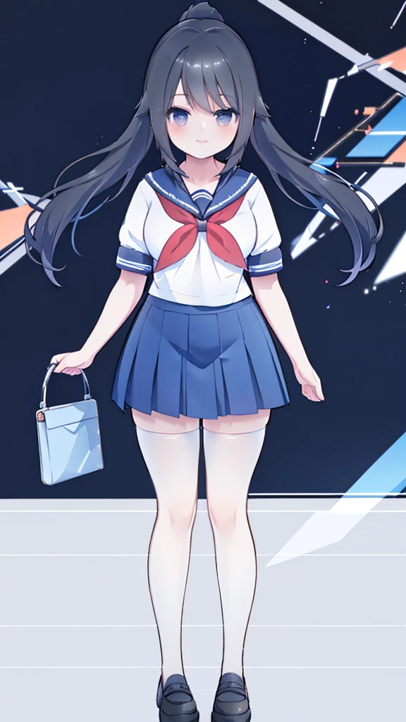 masterpiece, best quality, mature female, solo, 1girl, ayano, black_hair,  grey_eyes,  ponytail, school_uniform, thighhighs, looking at viewer, delicate, light smile,  serafuku, blue sailor collar, white sailor shirt, red neckerchief, short sleeves, blue pleated skirt, black shoes,  delicate, ethereal, beautiful, skirt,short sleeves,looking at viewer, high-definition,masterpiece,best quality, masterpiece, best quality, high resolution, aabeta, double, standing, slim waist, cute, sailor uniform (PastelColors: 1.3)