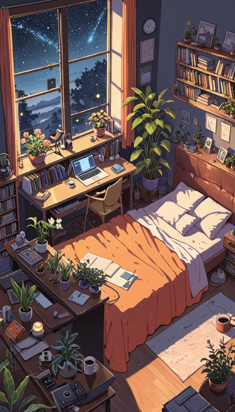 ((anime:1.4,illustration)),(masterpiece, top quality, best quality),(ultra-detailed, absolutely resolution),((16k, high res)). BREAK {lofi art, style of Laurie Greasley, style of Makoto Shinkai, anime aesthetic} BREAK {illustration of A girl is lying on her bed in a room, she is listening to music on her headphones and touching her cell phone, it is dark outside the window and the stars are shining, there are plants, a bed, a bookshelf, a study desk, a laptop computer, a coffee cup and a vase of flowers on the desk, the room is colorful with orange as the base color. A colorful room with a orange base}