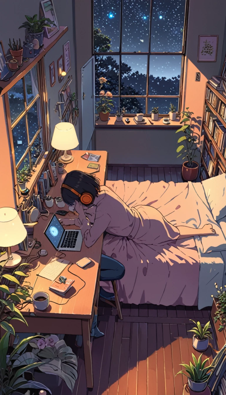 ((anime:1.4,illustration)),(masterpiece, top quality, best quality),(ultra-detailed, absolutely resolution),((16k, high res)). BREAK {lofi art, style of Laurie Greasley, style of Makoto Shinkai, anime aesthetic} BREAK {illustration of A girl is lying on her bed in a room, she is listening to music on her headphones and touching her cell phone, it is dark outside the window and the stars are shining, there are plants, a bed, a bookshelf, a study desk, a laptop computer, a coffee cup and a vase of flowers on the desk, the room is colorful with orange as the base color. A colorful room with a orange base}