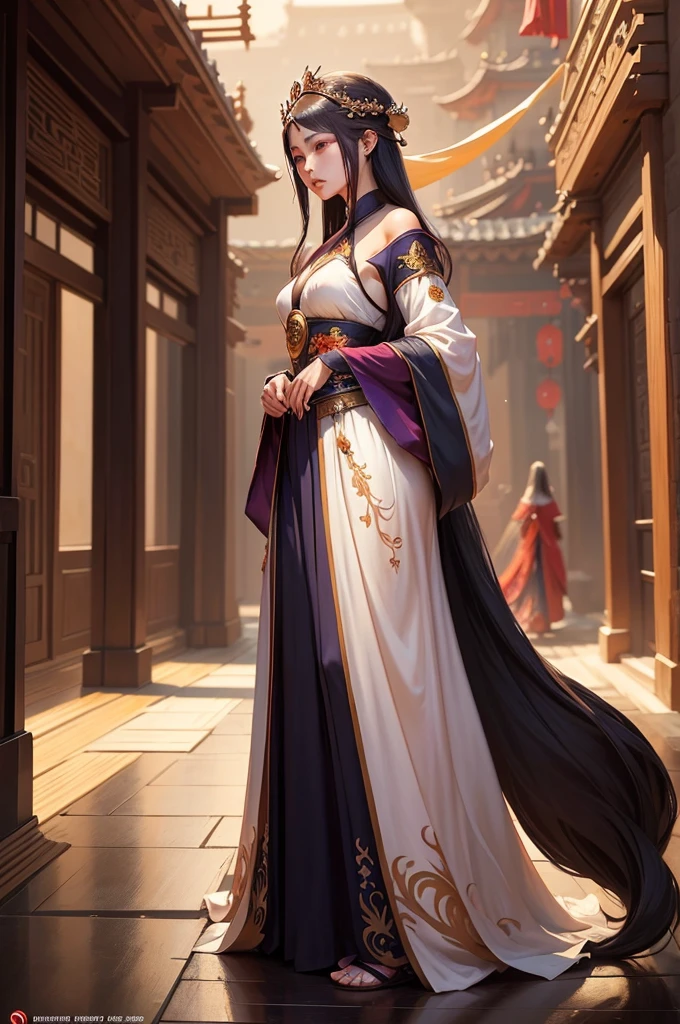 a woman in a long dress standing palacea girl in hanfu, flowing hair and long robes, ((a beautiful fantasy empress)), artwork in the style of guweiz, a beautiful fantasy empress, beautiful character painting, guweiz, beautiful digital artwork, by Yang J, guweiz on artstation pixiv
