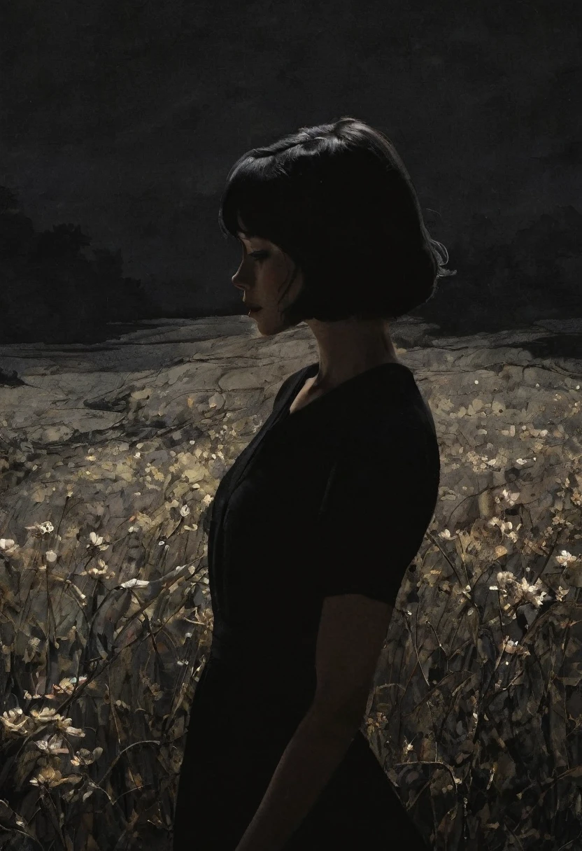 This is Andrew Wyeth - The Art of Andrew Wyeth - with a muted floral palette and a dry brush technique that creates a feeling of calm.(animation. anime, 1 girl, detailed lips, black dress, custom, (dark monochrome background), neon hair, textured crop, masterpiece , retro classic style, dark noir, art, sketch book, (black bob hair 1.75 neon 1.32), bad women 1 one crescent, night, fairytale background) (minimalism: 1) . perfect body anatomy.
