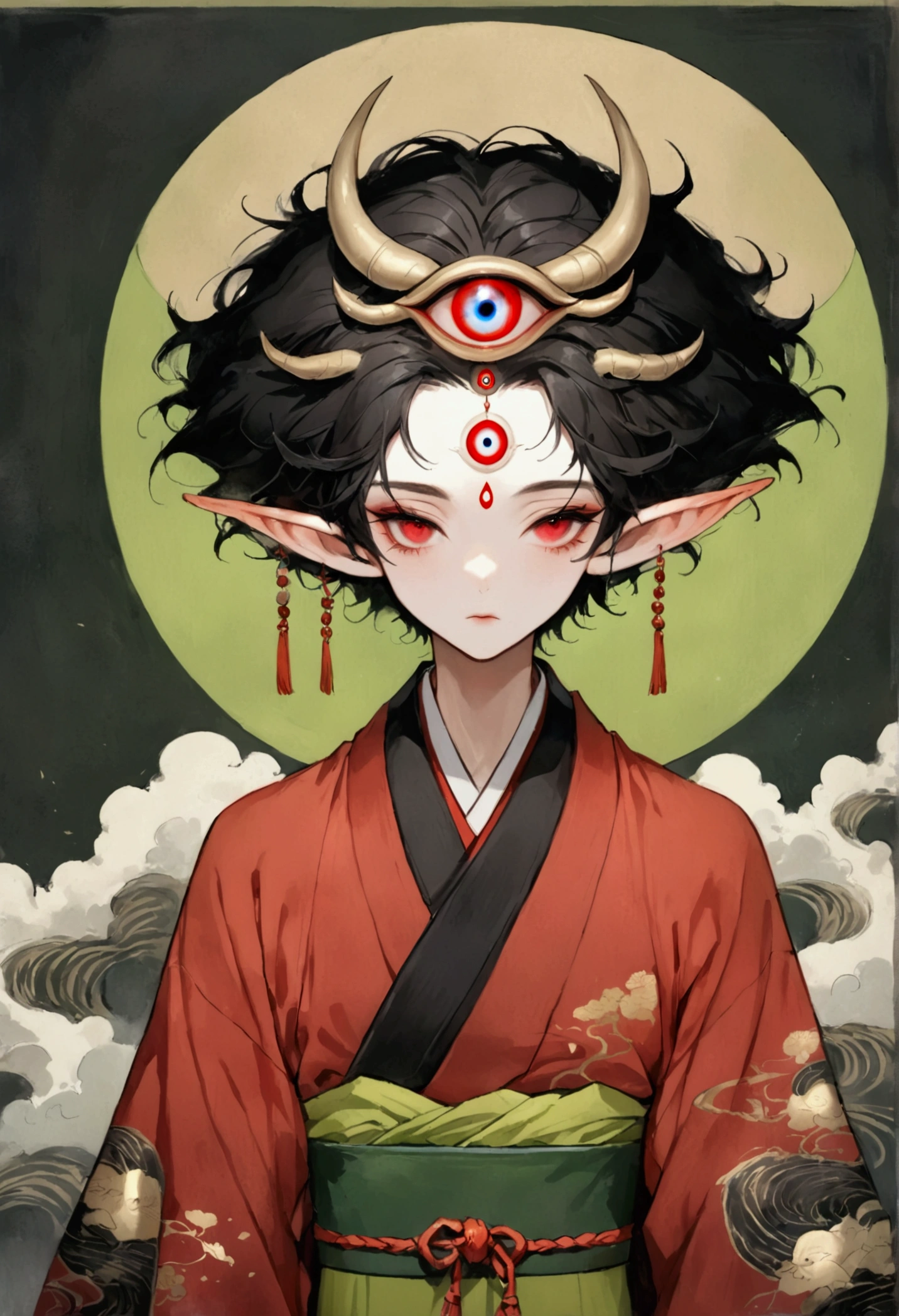 Digital board painting，Digital Illustration，Art Illustration，Dark Style，(((1 Boy，独奏，third eye on the forehead，Elf ears))),(((Gorgeous Japanese red kimono：1.6，Eye Diagram，Dark Pattern))).(((Thin waist，Greenbelt：1.37)))whole body
