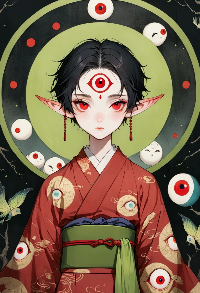 Art Illustration，Dark Style，(((1 Boy，独奏，third eye on the forehead，Elf ears))),(((Gorgeous Japanese red kimono：1.6，Eye Diagram，Dark Pattern))).(((Thin waist，Greenbelt：1.37)))whole body，Death Stare Background。
