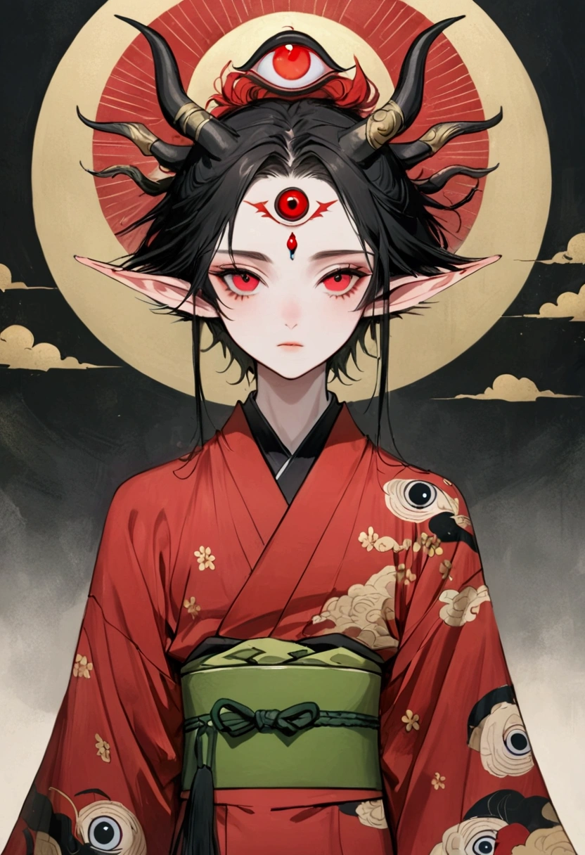 Art Illustration,Dark Style,(((1 Boy,独奏,third eye on the forehead,Elf ears))),(((Gorgeous Japanese red kimono:1.6,Eye Diagram,Dark Pattern))).(((Thin waist,Greenbelt:1.37)))whole body,Death Stare Background。