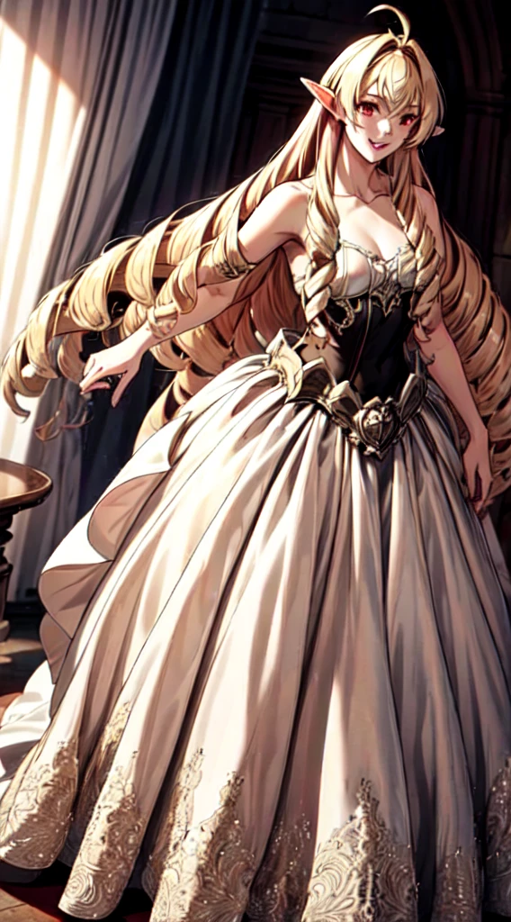 sexy, (seductivesmile:1.1), spellcasting, mysteriousatmosphere, (fantasy:1.4), florest scenery, (edgfd ballgown:1.5), (fantasy dress:1.1), (long dress:1.1), (ballgown with a lot of roses:1.1), hearts, flowers,, (masterpiece, high quality, best quality:1.3), extremely detailed, extremely intricate, realistic, hyperrealistic, fine texture, Extremely high-resolution details, 25 year old young, (elf, pointy ears:1.12), (blonde hair:1.3), almond eyes, (red eyes), [long hair], [curly hair], (eye shadow:1.1), 162cm tall, oval face, snub nose, heart-shaped lips, (arched eyebrows), (skinny:1.1)