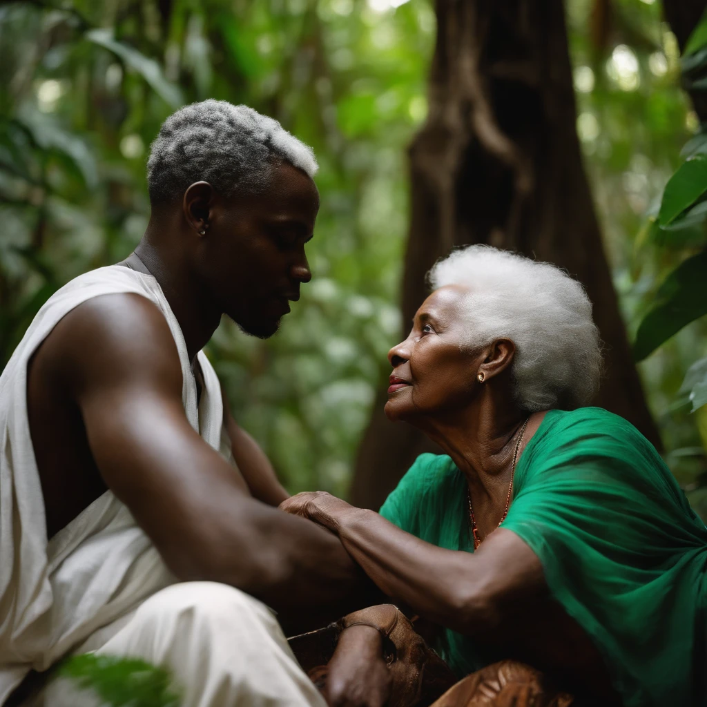 A 29-year-old African man speaks with a 90-year-old white-haired black African woman in a sacred forest