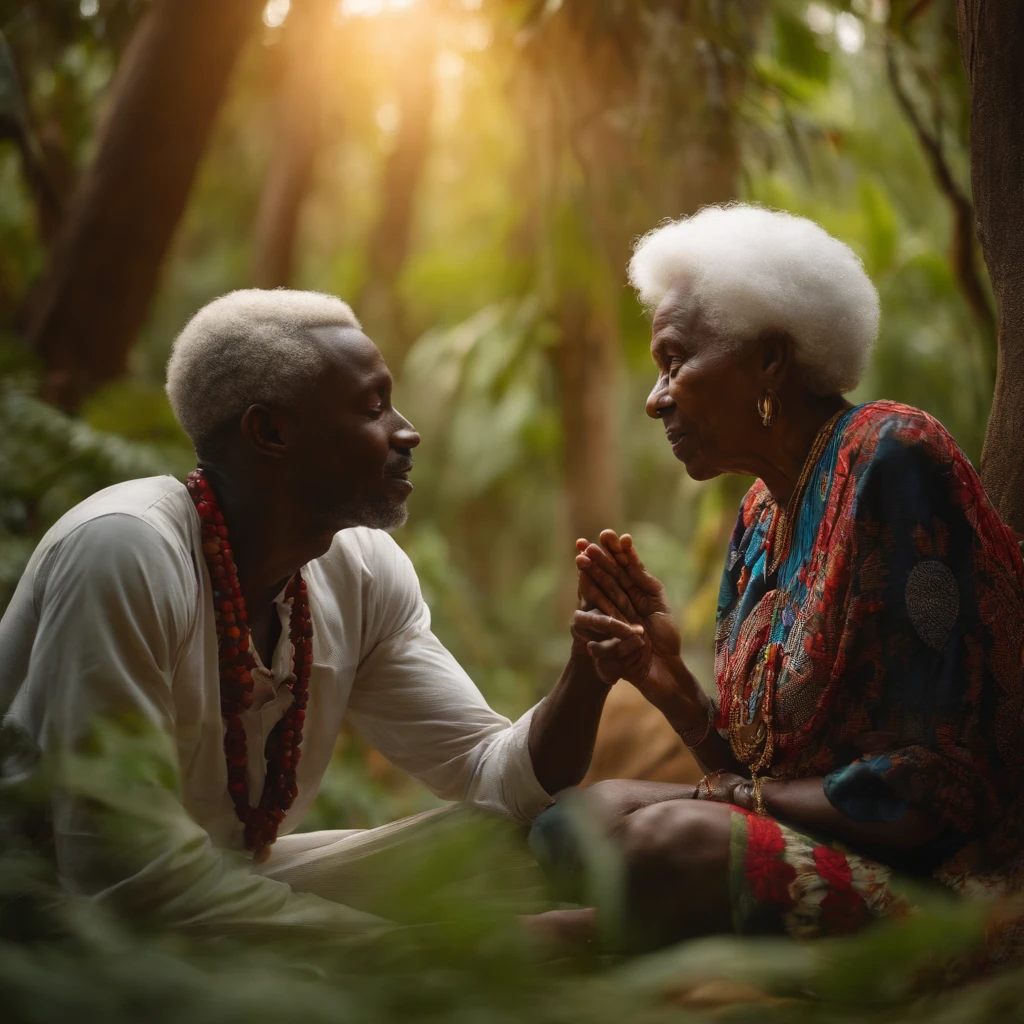 A 29-year-old African man speaks with a 90-year-old white-haired black African woman in a sacred forest 