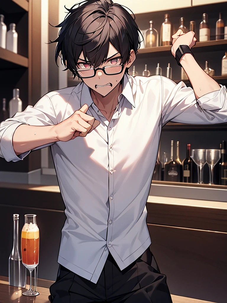 Black-haired, nerdy young man, white shirt, jacket, bar counter, angry face, wrinkled brow, glasses