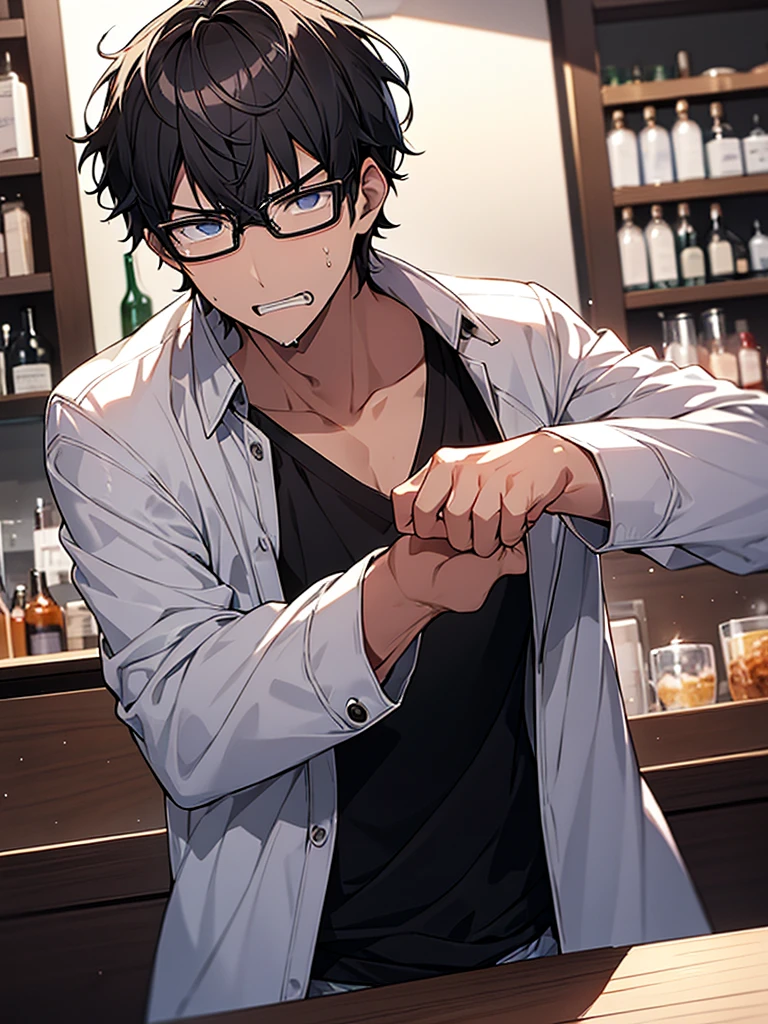 Black-haired, nerdy young man, white shirt, jacket, bar counter, angry face, wrinkled brow, glasses