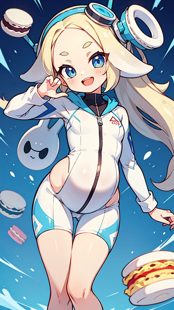splatoon style,cute girl,white long Hair,shiny delta forehead,Bangs parted in middle of forehead,blue eyes,white battle suit,baby face,Macaron-shaped headgear,open mouth smile,thigh gap,pregnant,
