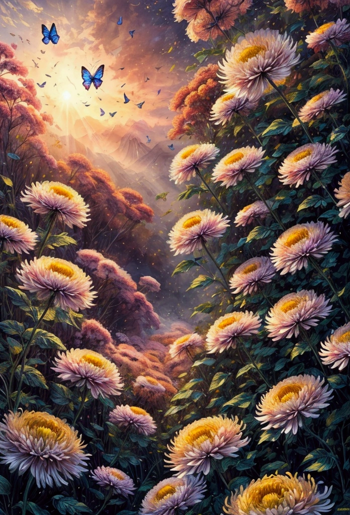 a field of beautiful chrysanthemum flowers, butterflies flying,detailed floral arrangements, intricate petal textures, vibrant colors, natural lighting, cinematic composition, ethereal atmosphere, dreamlike quality, delicate butterfly wings, seamless integration, harmonious blend, photorealistic, highly detailed, 8k, best quality