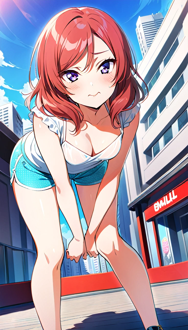 18-year-old mature woman, Nishikino Maki, full body, wearing shorts and matching clothes for going out on the town in midsummer, hands on knees, leaning forward and looking up at the viewer, slightly flushed cheeks, small breasts, cleavage visible, id_maki_nishikino, city background, 8k