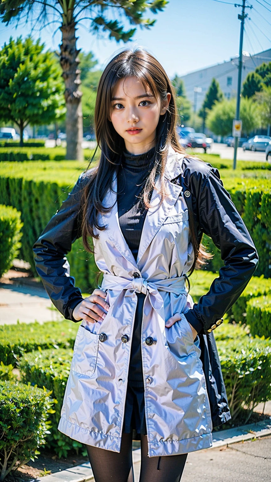 (8k、RAW Photos、Highest quality、masterpiece:1.2)、(Realistic、Realistic)、1 girl、((mini skirt、Blonde、pink long coat、黒one piece、Thin legs、whole body、boots、one piece、tights、garden、View from the front、Looking into the camera、Stand with hands on hips))、cute