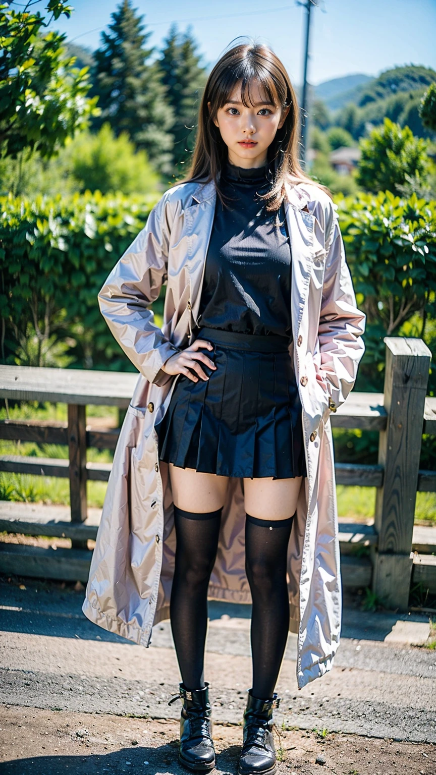 (8k、RAW Photos、Highest quality、masterpiece:1.2)、(Realistic、Realistic)、1 girl、((mini skirt、Blonde、pink long coat、黒one piece、Thin legs、whole body、boots、one piece、tights、garden、View from the front、Looking into the camera、Stand with hands on hips))、cute