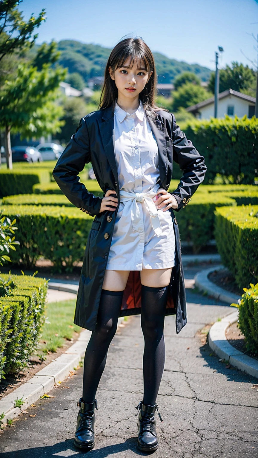 (8k、RAW Photos、Highest quality、masterpiece:1.2)、(Realistic、Realistic)、1 girl、((mini skirt、Blonde、pink long coat、黒one piece、Thin legs、whole body、boots、one piece、tights、garden、View from the front、Looking into the camera、Stand with hands on hips))、cute