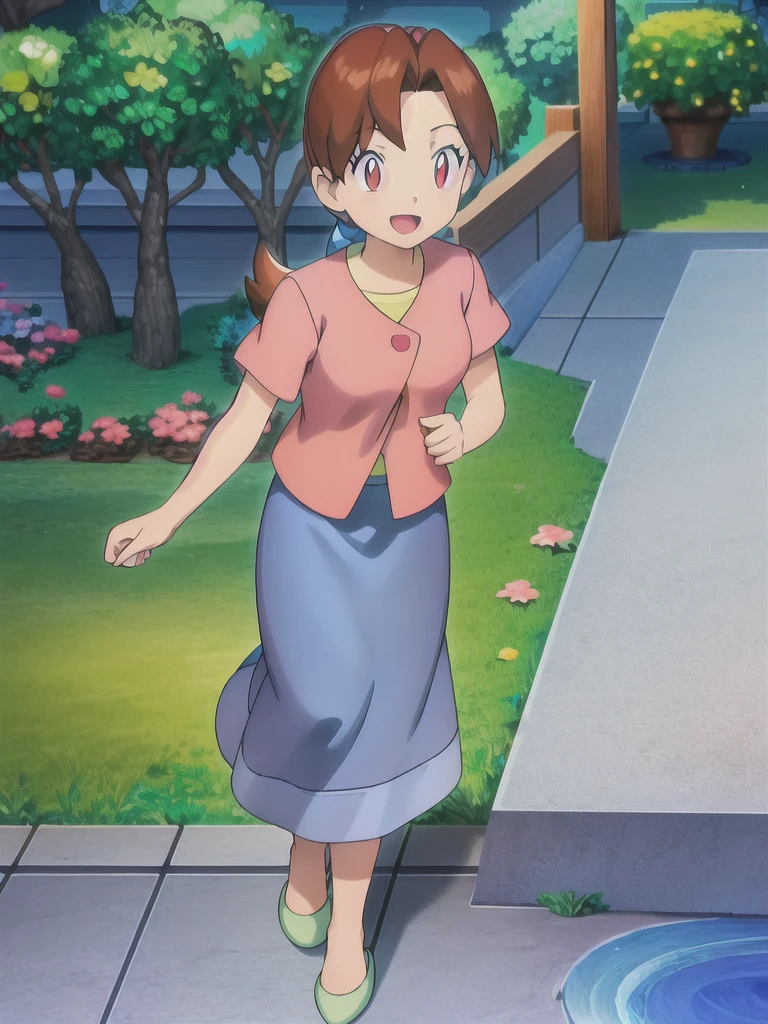 Delia_Ketchum 1girl, full body, looking at viewer, :d, open mouth, (extremely detailed CG unity 8k wallpaper), (masterpiece), (best quality), (ultra-detailed), (best illustration), (best shadow), (absurdres), finely detail, skirt, shirt, blue skirt, long skirt, pink shirt, slippers,