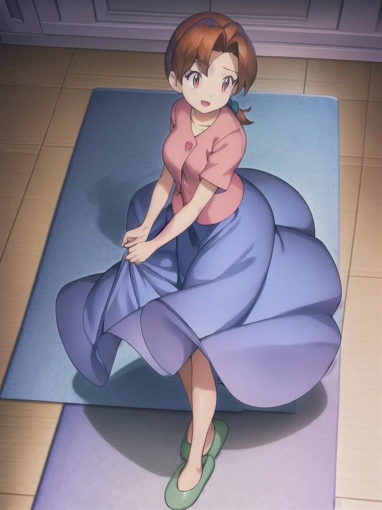 Delia_Ketchum 1girl, full body, looking at viewer, :d, open mouth, (extremely detailed CG unity 8k wallpaper), (masterpiece), (best quality), (ultra-detailed), (best illustration), (best shadow), (absurdres), finely detail, skirt, shirt, blue skirt, long skirt, pink shirt, slippers,